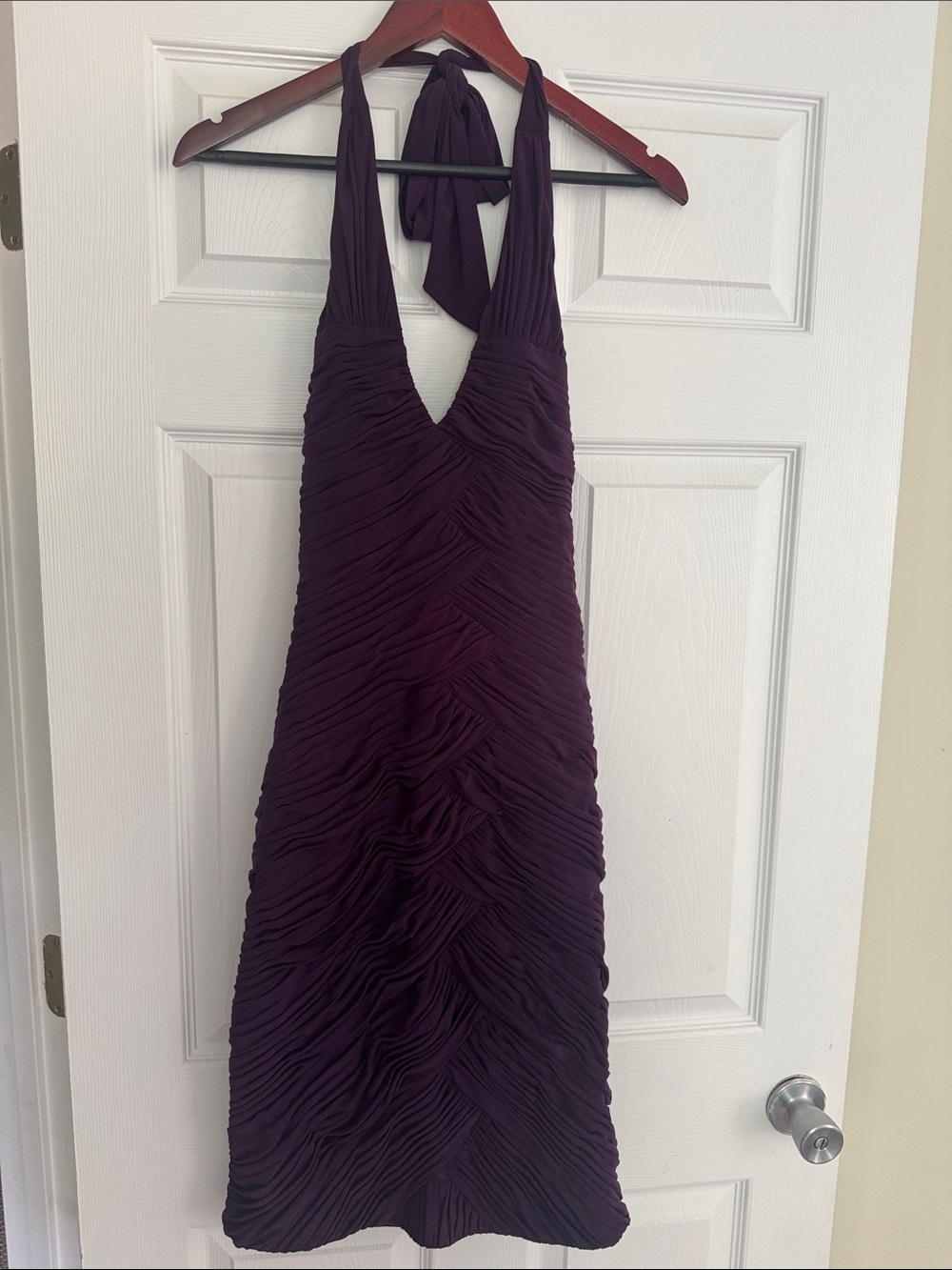 ADRIANNA PAPELL Plum Halter Ruched Evening Dress